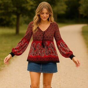 Melissa Paige Boho Peasant Tunic Top Red Paisley Print Long Sleeve Size M
